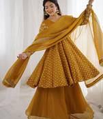 Crunchy silk mustard yellow polka dot anarkali