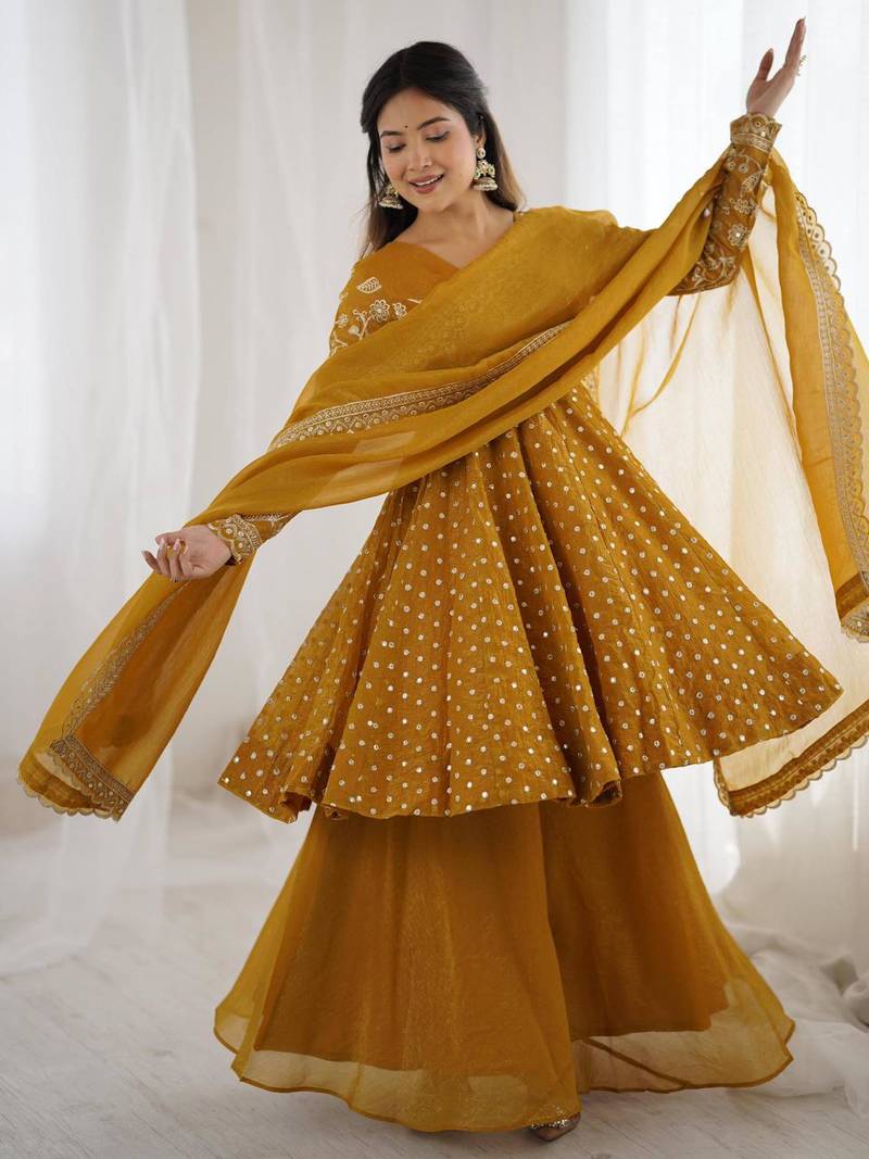 Crunchy silk mustard yellow polka dot anarkali