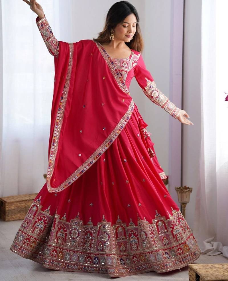 Dark Pink Embroidered Treditional Lahenga Choli With Blouse