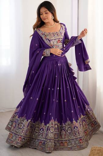 Purple Embroidered Treditional Lahenga Choli With Blouse