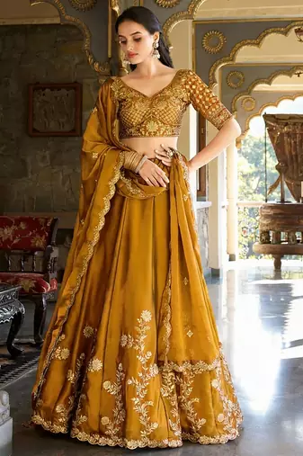 Mustard Embroidered Treditional Lahenga Choli With Blouse