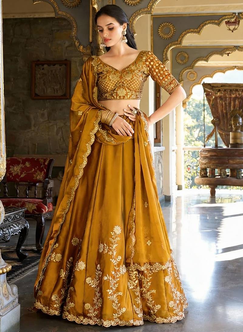 Mustard Embroidered Treditional Lahenga Choli With Blouse