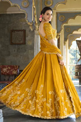 Mustard Embroidered Treditional Lahenga Choli With Blouse