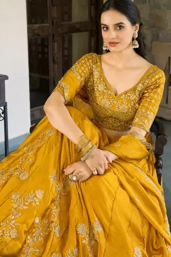 Mustard Embroidered Treditional Lahenga Choli With Blouse