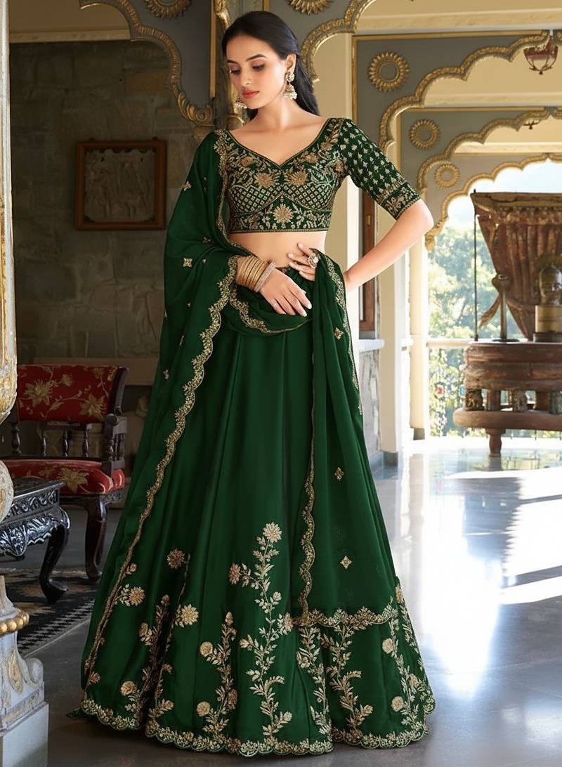 Green Embroidered Treditional Lahenga Choli With Blouse