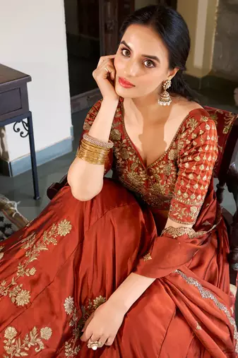 Brown Embroidered Treditional Lahenga Choli With Blouse