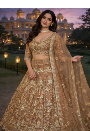Beige Color Sequins Coding Work Net Lehenga  1