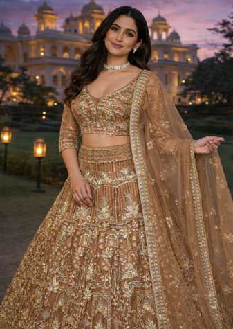 Beige Color Sequins Coding Work Net Lehenga 