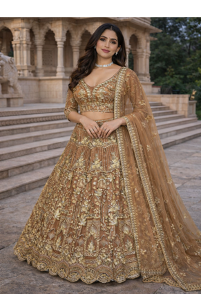 Beige Color Sequins Coding Work Net Lehenga  2