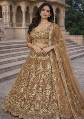 Beige Color Sequins Coding Work Net Lehenga 
