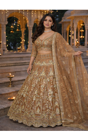 Beige Color Sequins Coding Work Net Lehenga  3