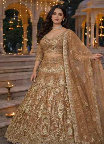 Beige Color Sequins Coding Work Net Lehenga 
