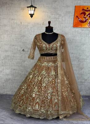 Beige Color Sequins Coding Work Net Lehenga  4