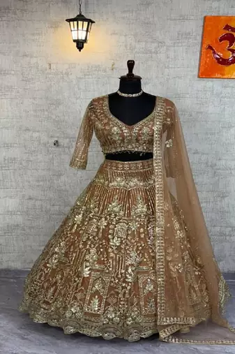 Beige Color Sequins Coding Work Net Lehenga 