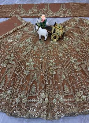 Beige Color Sequins Coding Work Net Lehenga  5
