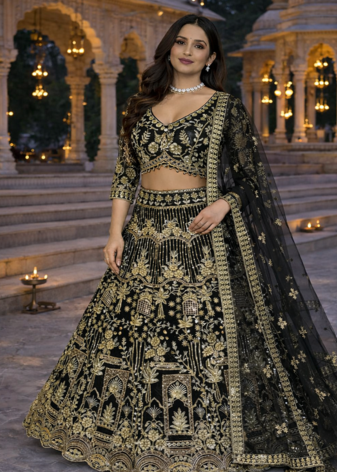 Black Color Sequins Coding Work Net Lehenga 