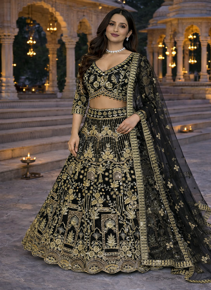 Black Color Sequins Coding Work Net Lehenga 