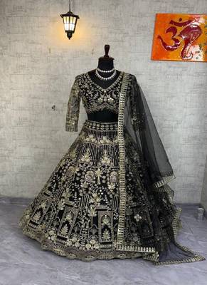 Black Color Sequins Coding Work Net Lehenga  4