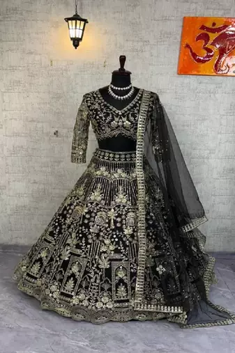 Black Color Sequins Coding Work Net Lehenga 