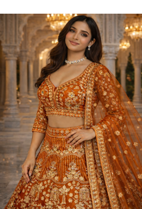Orange Color Sequins Coding Work Net Lehenga  1