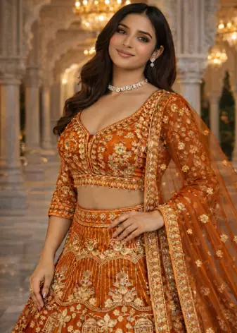 Orange Color Sequins Coding Work Net Lehenga 