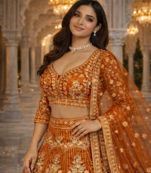 Orange Color Sequins Coding Work Net Lehenga 