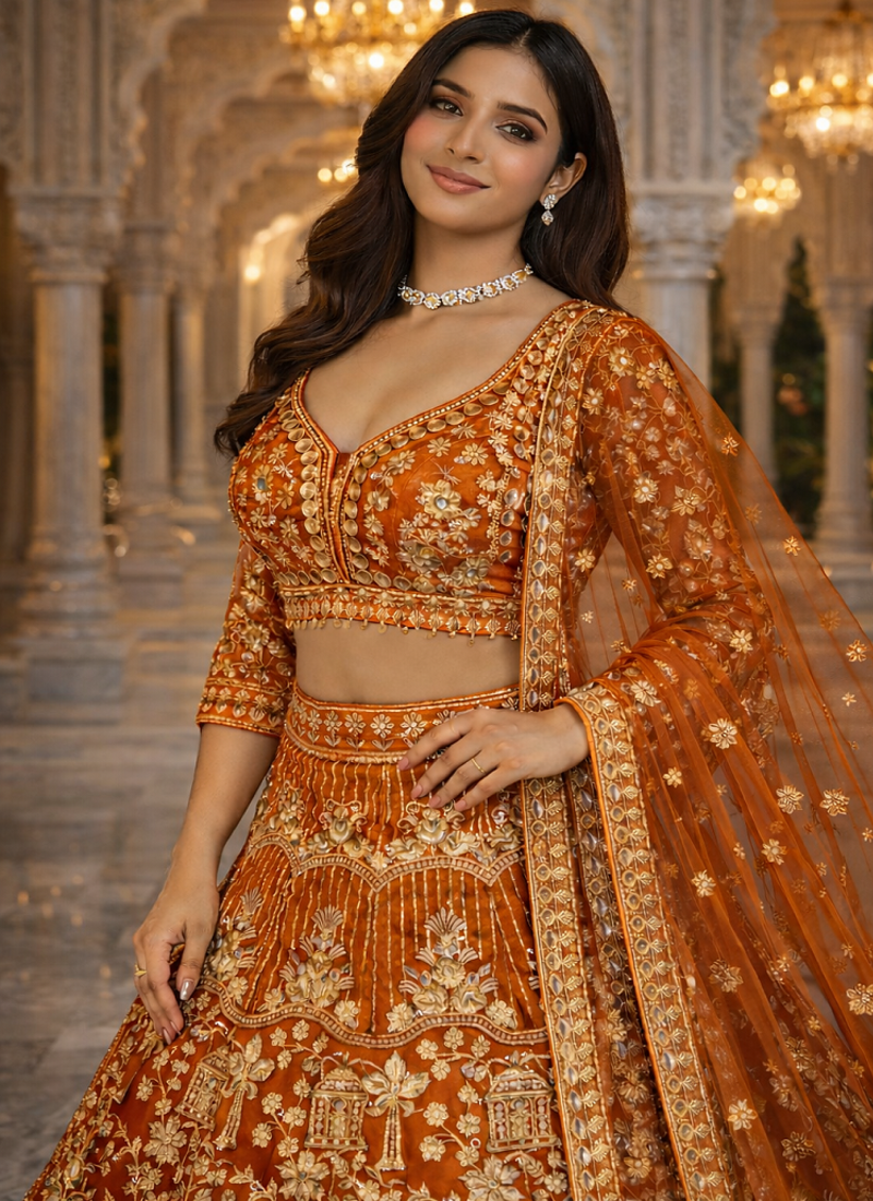 Orange Color Sequins Coding Work Net Lehenga 