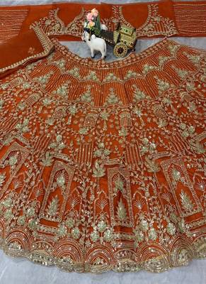 Orange Color Sequins Coding Work Net Lehenga  3