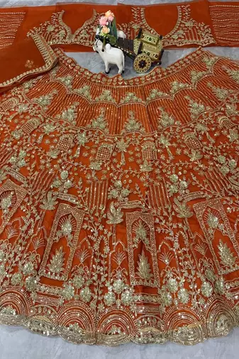 Orange Color Sequins Coding Work Net Lehenga 