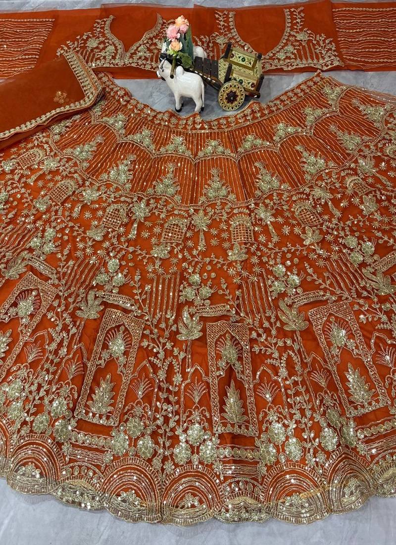 Orange Color Sequins Coding Work Net Lehenga 