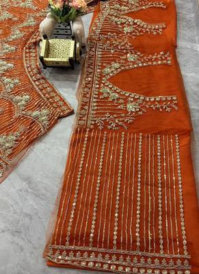 Orange Color Sequins Coding Work Net Lehenga  4