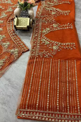 Orange Color Sequins Coding Work Net Lehenga 