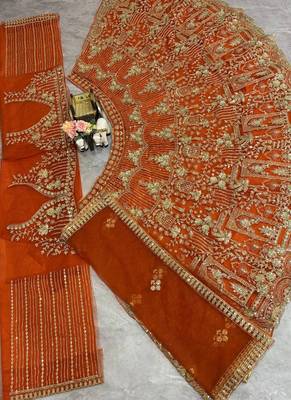 Orange Color Sequins Coding Work Net Lehenga  5