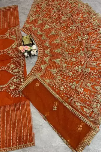 Orange Color Sequins Coding Work Net Lehenga 