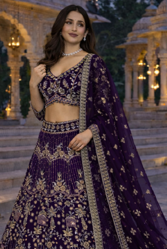 Purple Color Sequins Coding Work Net Lehenga 