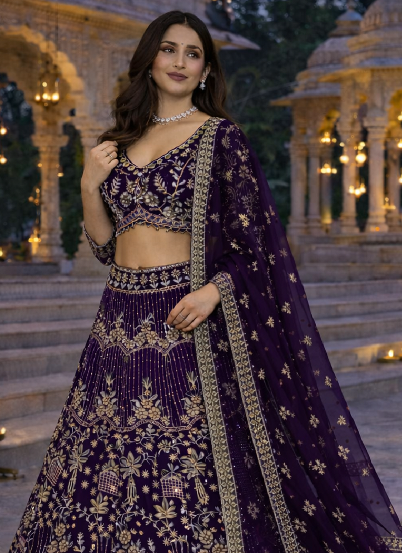Purple Color Sequins Coding Work Net Lehenga 