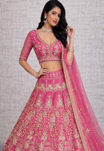 Rani PInk Color Sequins Coding Work Net Lehenga 