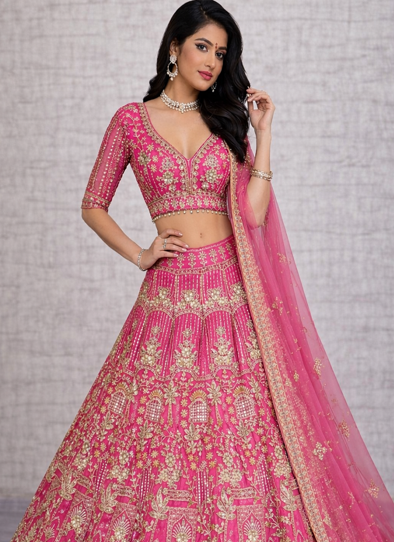 Rani PInk Color Sequins Coding Work Net Lehenga 