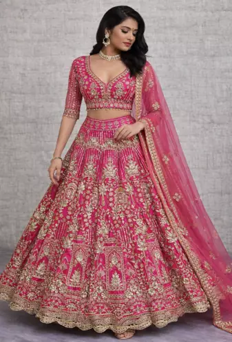 Rani PInk Color Sequins Coding Work Net Lehenga 