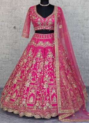 Rani PInk Color Sequins Coding Work Net Lehenga  3