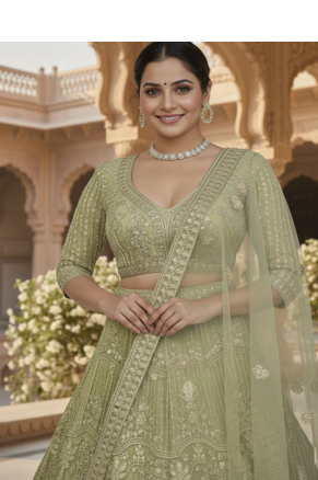 Sea Green Color Sequins Coding Work Net Lehenga  1
