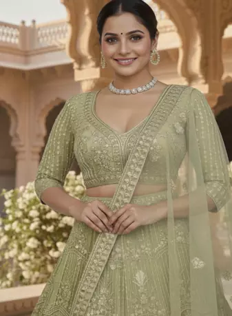 Sea Green Color Sequins Coding Work Net Lehenga 