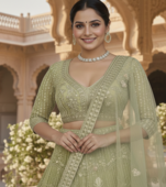 Sea Green Color Sequins Coding Work Net Lehenga 