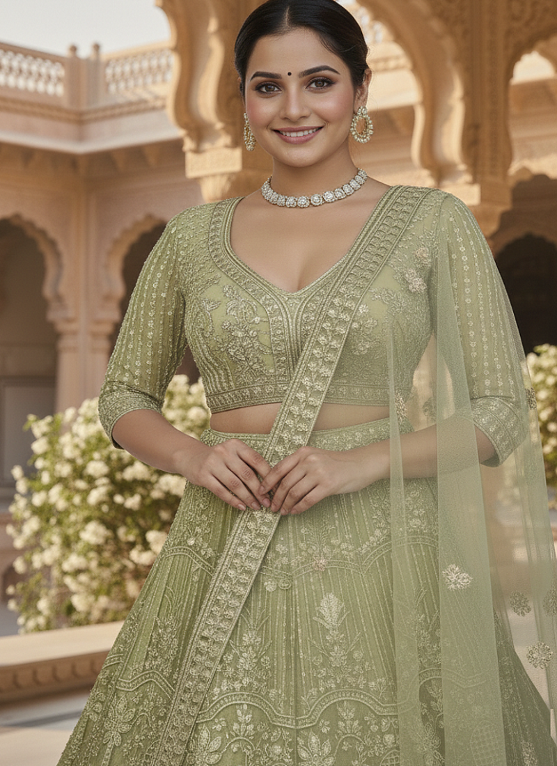 Sea Green Color Sequins Coding Work Net Lehenga 