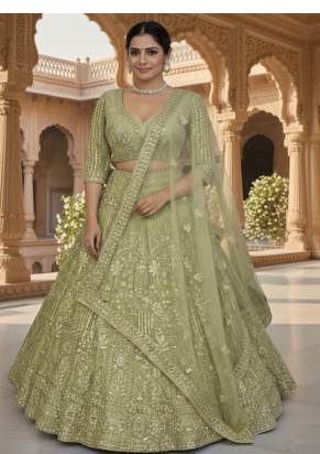 Sea Green Color Sequins Coding Work Net Lehenga  2