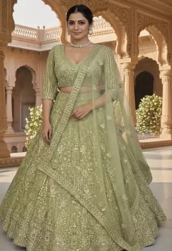Sea Green Color Sequins Coding Work Net Lehenga 