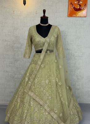 Sea Green Color Sequins Coding Work Net Lehenga  3