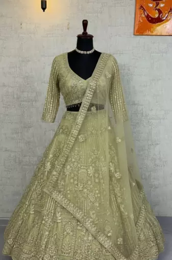 Sea Green Color Sequins Coding Work Net Lehenga 
