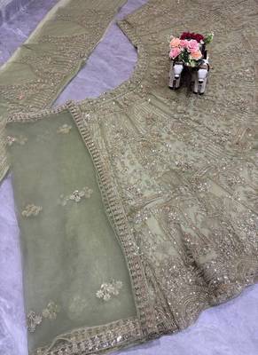 Sea Green Color Sequins Coding Work Net Lehenga  4