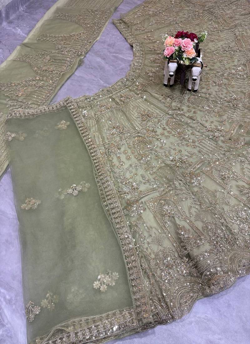 Sea Green Color Sequins Coding Work Net Lehenga 
